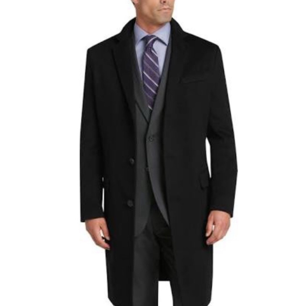 Jos. A. Bank Black 100%Wool Overcoat Men's 44L Minimalist Classic Tailored Coat